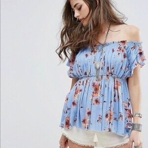 Free People We The Free Floral Print Top Womens Sz XS Smocked Blouse Boho Blue